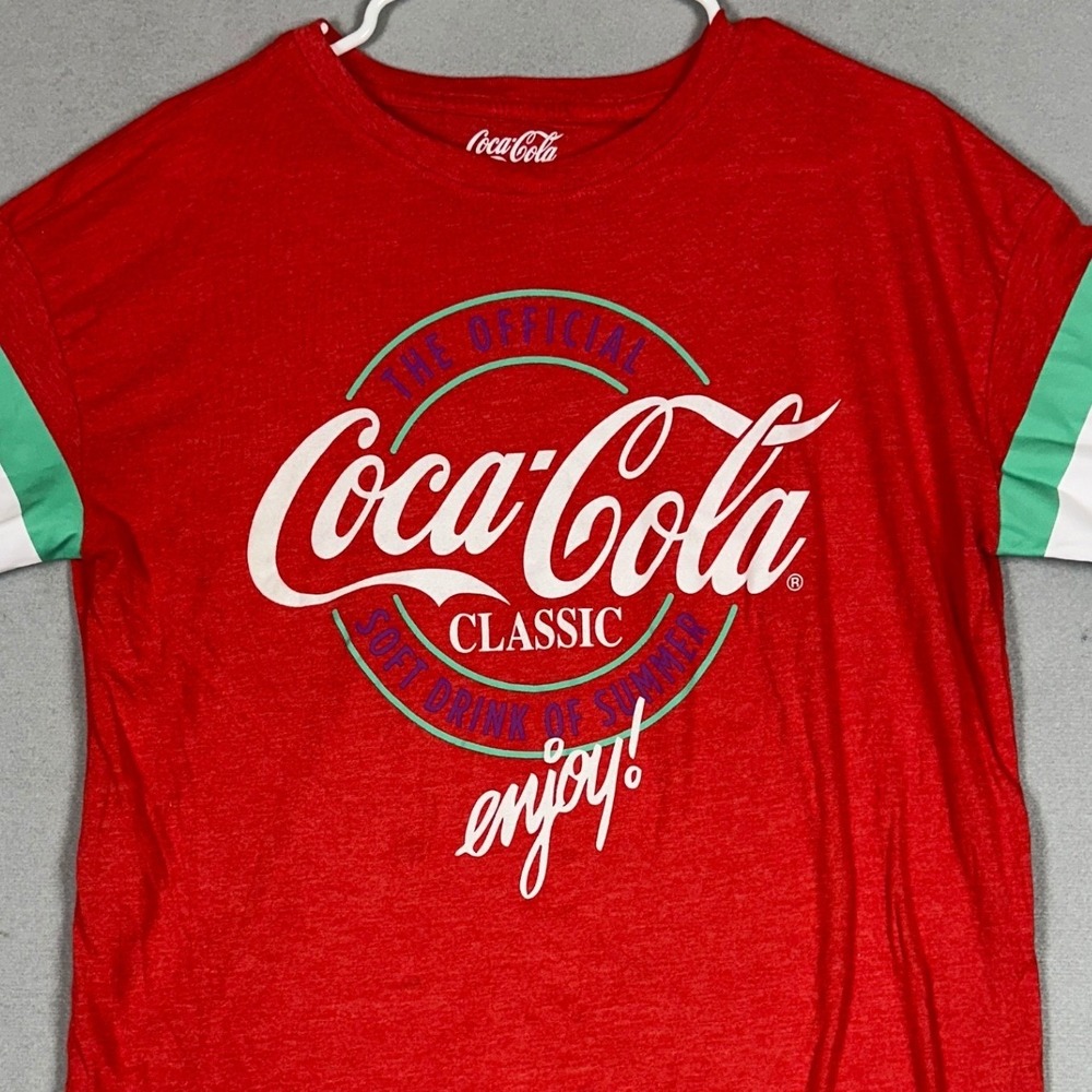 Coca-Cola T-Shirt Womens Medium Red Green White Striped Sleeve Graphic Print Tee